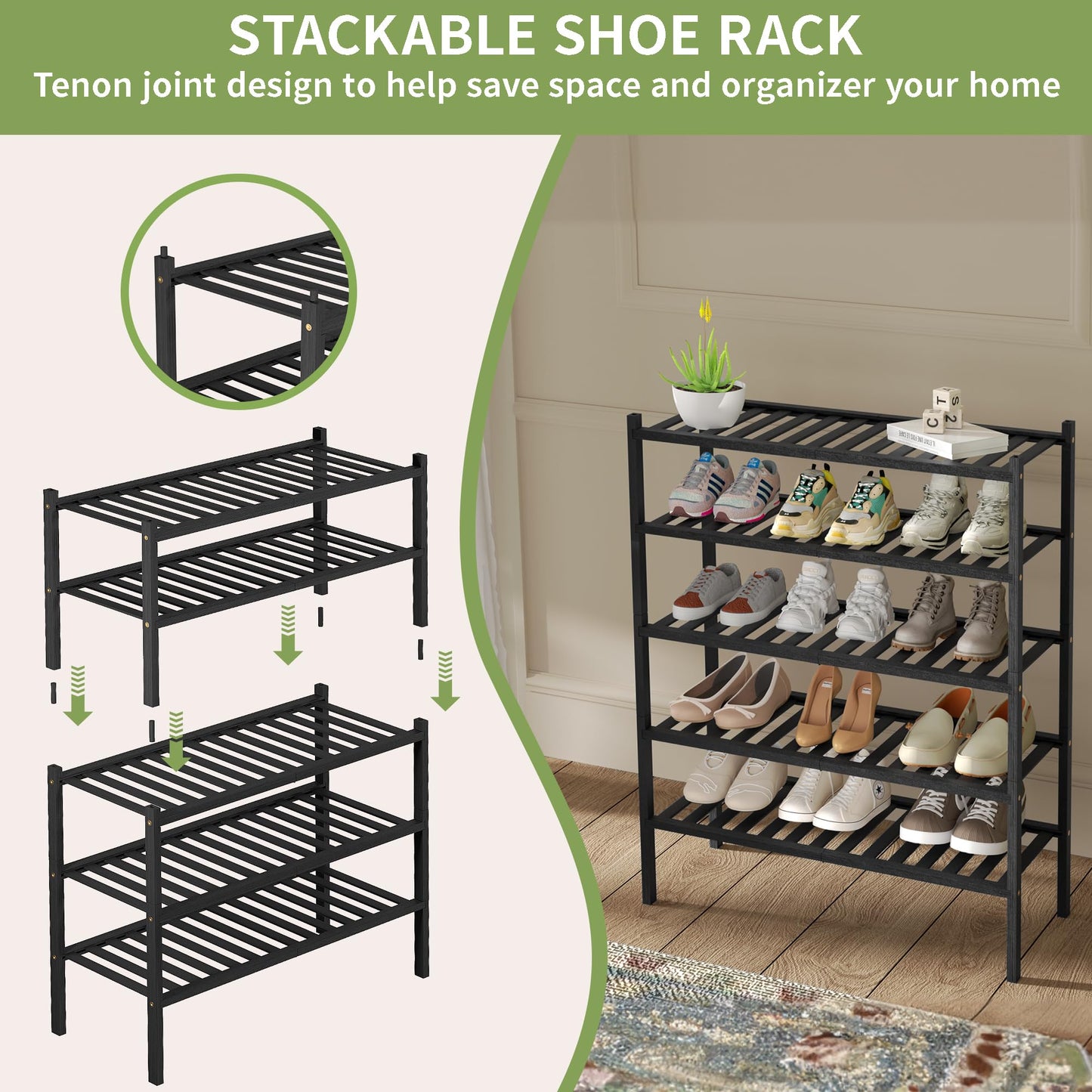 ROMGUAR CRAFT 3 Tier Bamboo Shoe Rack for Closet Free Standing Wood Shoe Shelf Storage Organizer for Entryway Small Space Stackable 27"x11"x20" (Natural)