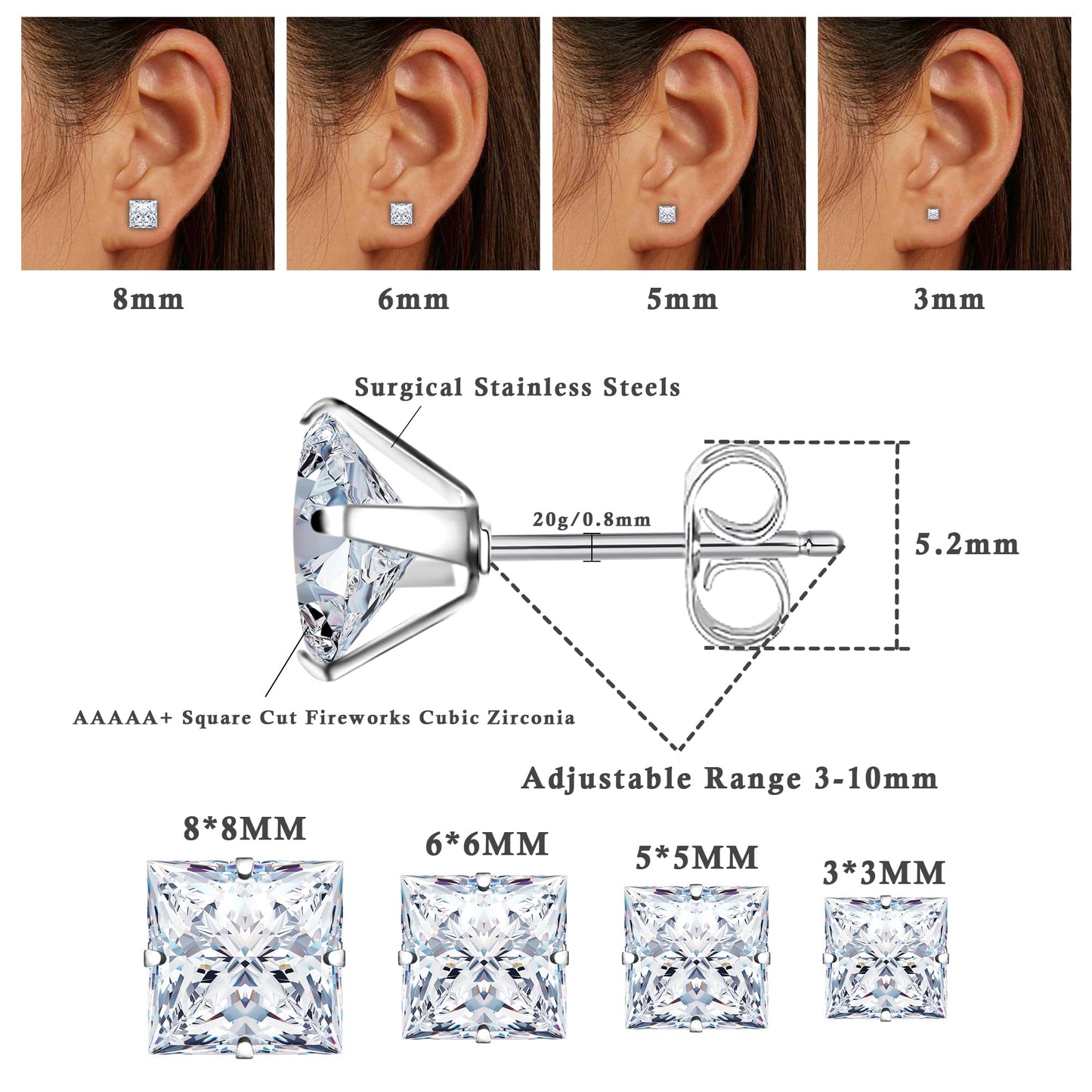 Trinckle 4 Paar Edelstahl Ohrringe, Silber Zirkonia Ohrstecker Hypoallergener Prinzessschliff Ohrstecker Set für Damen, Quadratische Ohrringe für Herren Knorpelpiercing Labordiamant Herren Schmuck Geschenke