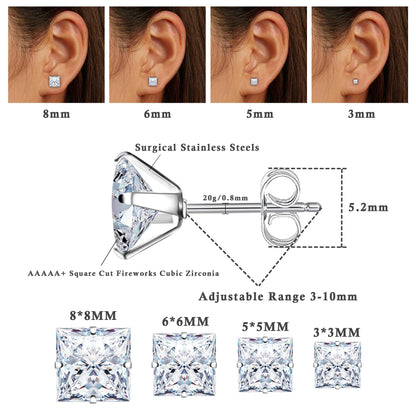 Trinckle 4 Paar Edelstahl Ohrringe, Silber Zirkonia Ohrstecker Hypoallergener Prinzessschliff Ohrstecker Set für Damen, Quadratische Ohrringe für Herren Knorpelpiercing Labordiamant Herren Schmuck Geschenke