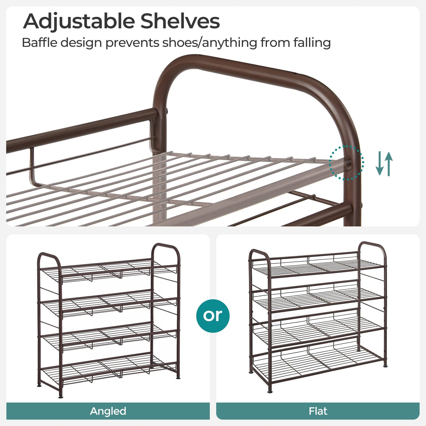 SONGMICS Stackable Shoe Rack, 4 Tier Metal Shoes Rack Storage Shelf, Holds up to 16 Pairs Shoes, Adjustable Slanted Shelves Tower Organizer for Closet Entryway Small Spaces, Bronze