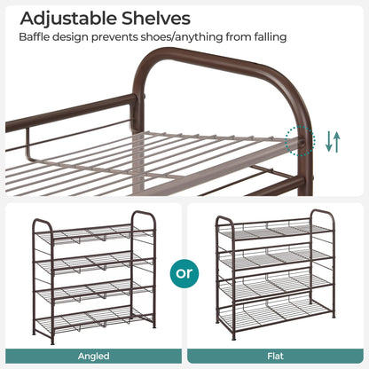 SONGMICS Stackable Shoe Rack, 4 Tier Metal Shoes Rack Storage Shelf, Holds up to 16 Pairs Shoes, Adjustable Slanted Shelves Tower Organizer for Closet Entryway Small Spaces, Bronze