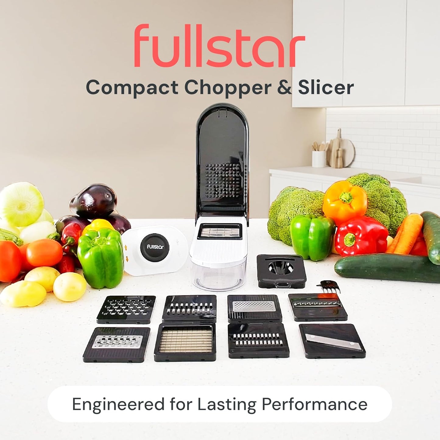 Fullstar Gemüsehacker und Mandolinenschneider - Julienne-Schneider, Würfelschneider, Reibe für Lebensmittel, Gemüse, Zwiebeln, Gurken, Tomaten, Salat, Kartoffeln, Käse - Küchenutensilien & Gadgets (Kompakt 6-in-1, Weiß)