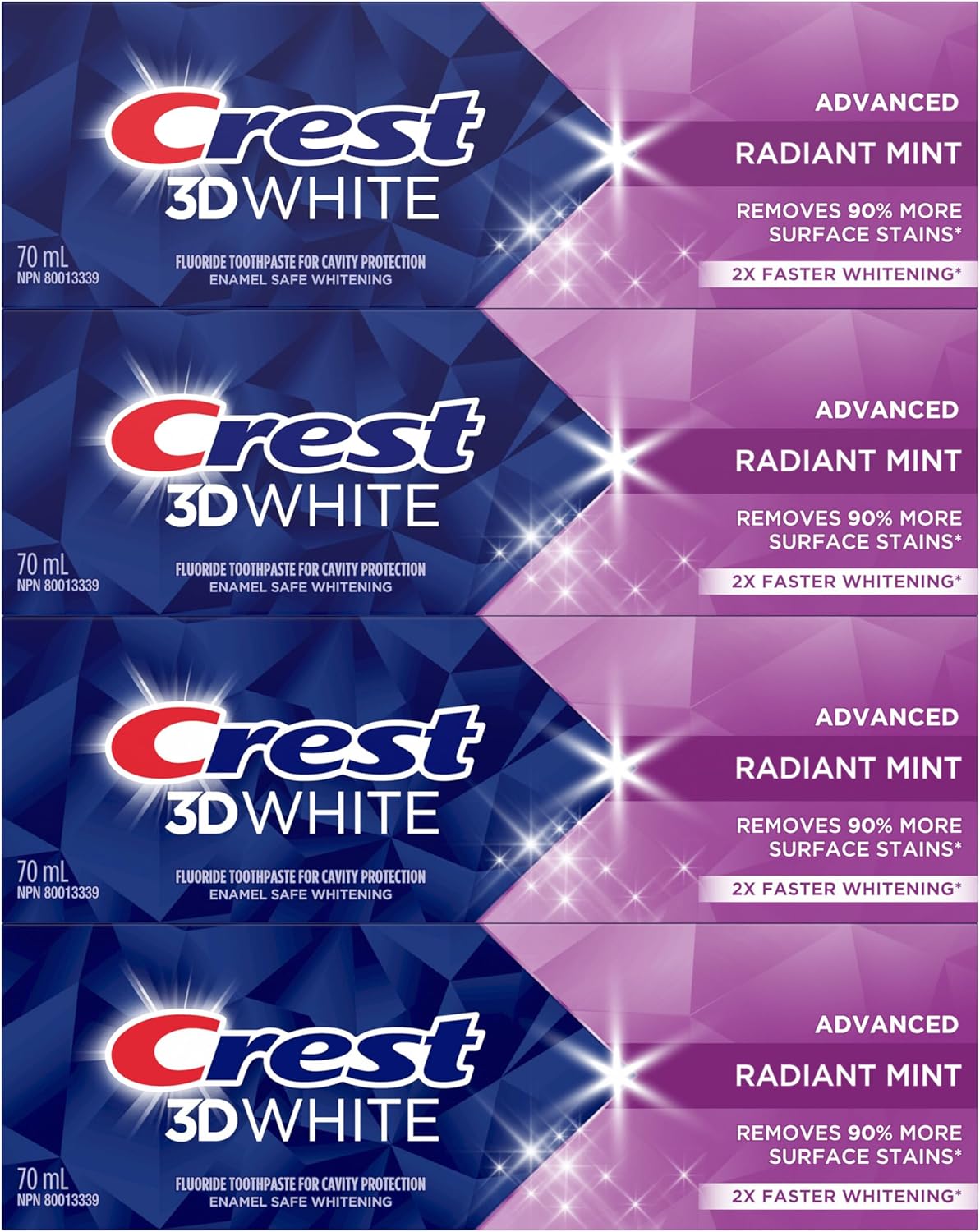 Crest 3D White Advanced Teeth Whitening Toothpaste, Radiant Mint, 4 Count (Pack of 1), 280 mL Total (70 mL each)