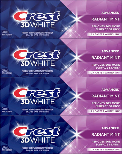 Crest 3D White Advanced Teeth Whitening Toothpaste, Radiant Mint, 4 Count (Pack of 1), 280 mL Total (70 mL each)