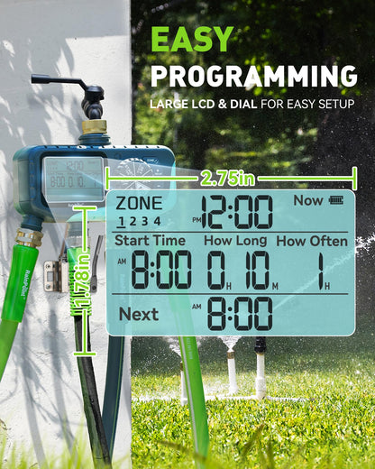 RAINPOINT 4-Zone Sprinkler Timer, 2027 New Version 4 Outlets Hose Water Timer, Automatic Irrigation Controller with Rain Delay & Manual Mode for Lawn & Garden Irrigation