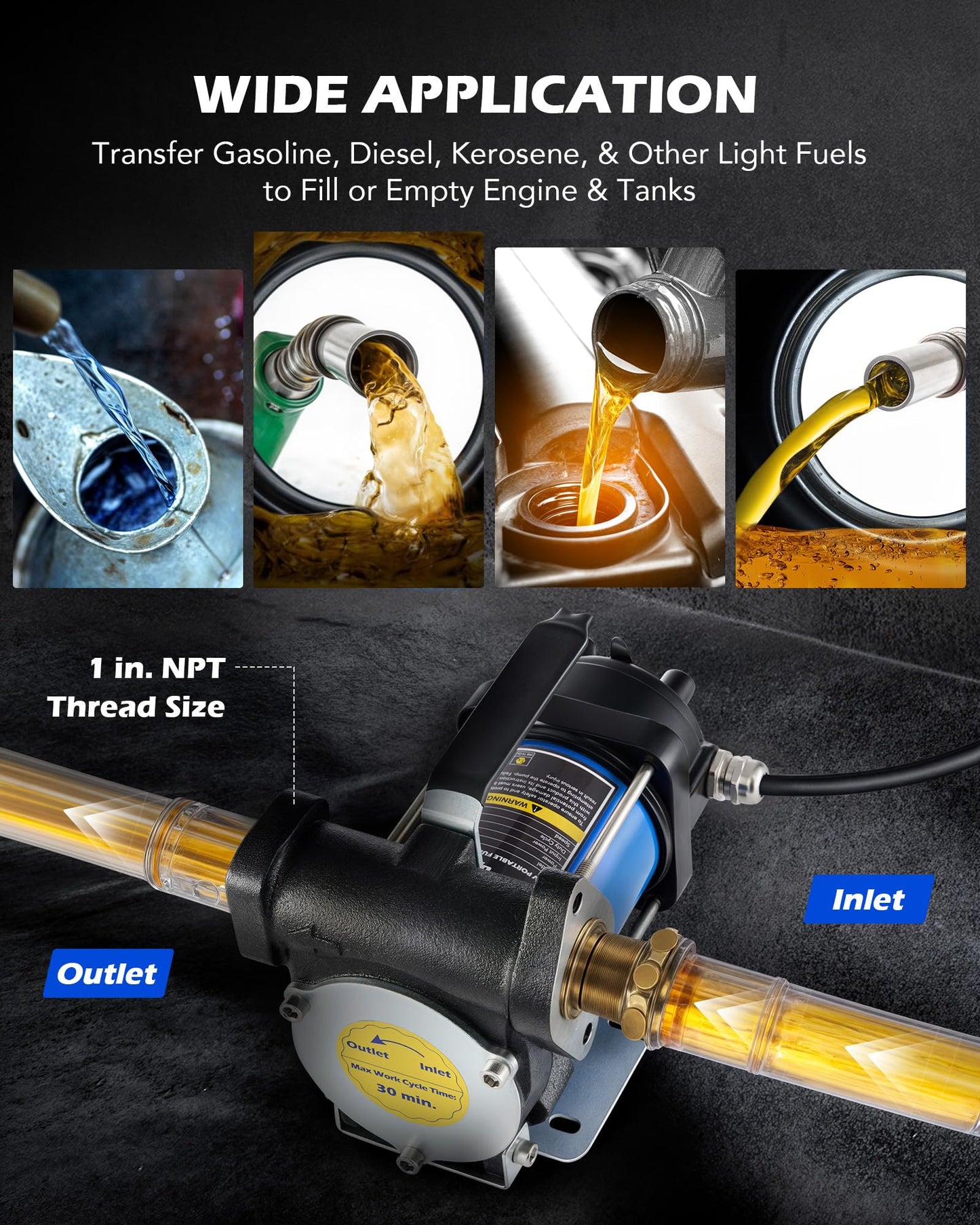 Orion Motor Tech Electric Fuel Transfer Pump with Auto-Shutoff, 3.2GPM Gas Can Pump, 51" Hose, USB-C & AA Battery (NO BATTERIES INCLUDED) Powered, 4 Adapters for Gasoline, Diesel, Kerosene, Blue