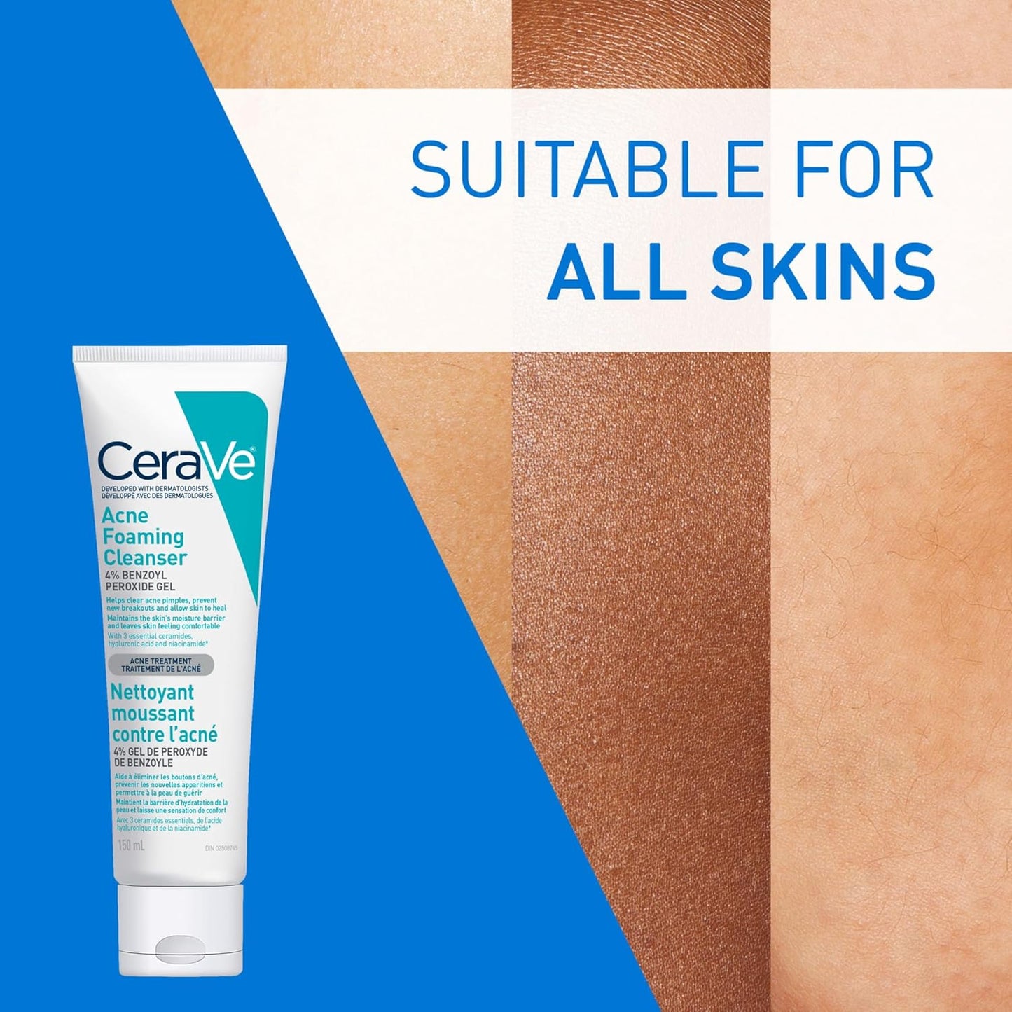 CeraVe 4% Benzoylperoxid Aknebehandlung Schäumendes Reinigungsgel für Gesicht & Körper, mit Hyaluronsäure und Niacinamid. Hilft, Akne-Pickel zu klären und Ausbrüchen vorzubeugen. Sanftes Gel, Parfümfrei, 150ml