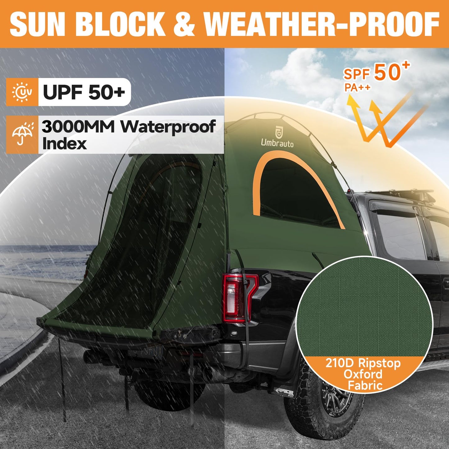 Truck Bed Tent 5.5-6ft: Easy Set Up Umburato Pickup Truck Tents for Camping, Waterproof PU3000mm Canopy for Truck Camper, Portable, Spacious for 2 Person Green