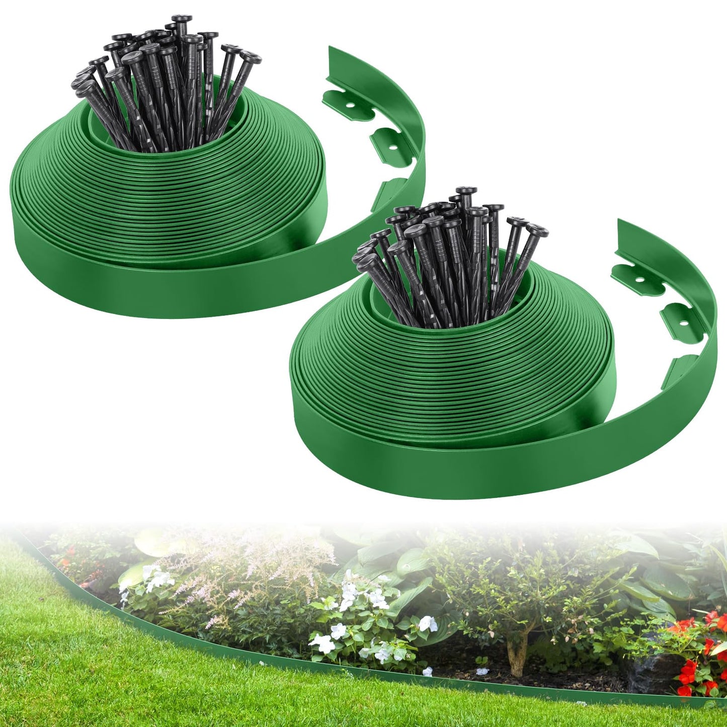 2-Inch x 66 FT Landscape Edging Border with 100 Spikes, No Dig Garden Border Edging Kit, Plastic Edging Border Flexible for Garden Flower Beds Lawn Yard Paver Pathway (Black)