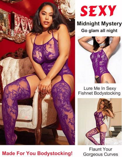 RSLOVE Damen Netz Bodystocking mit befestigten Strümpfen, sexy Dessous, offenem Schritt Body, Einteiler Babydoll, Einheitsgröße