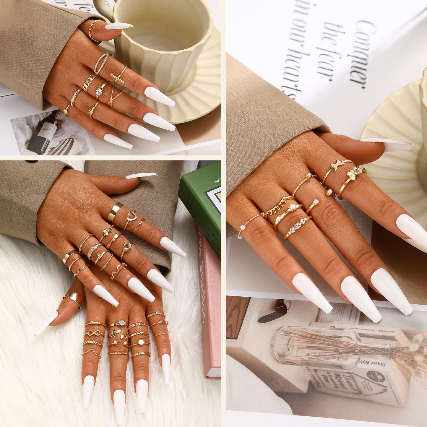 FAXHION 24-60 Pcs Gold Stackable Rings for Women, Knuckle Rings Chunky Gold Ring Set Dainty Stacking Cute Rings, Multiple Sizes Cute Jewelry Set Gift
