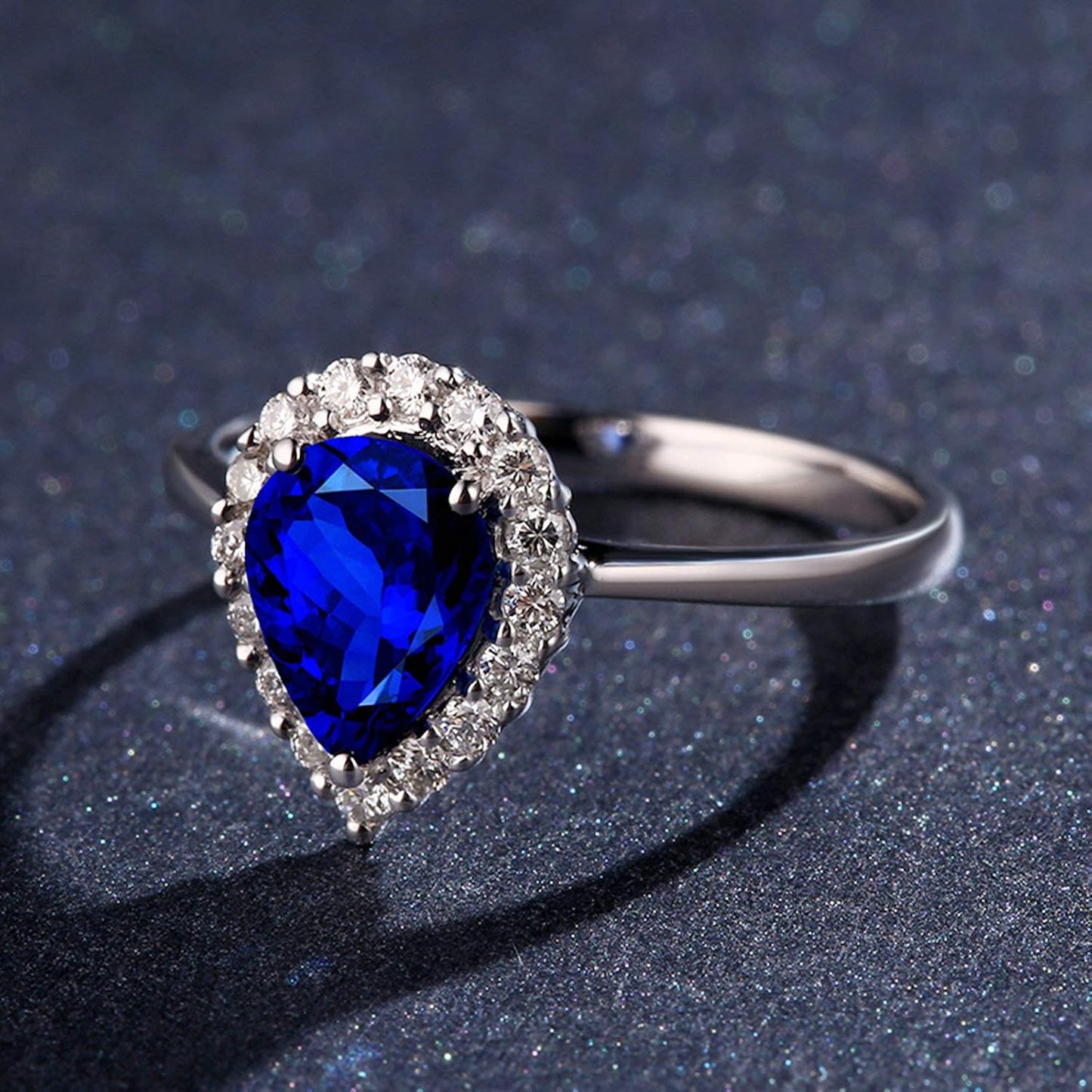 Aienid 18Ct White Gold Women Ring Big Teardrop Pear Cut Sapphire with White Diamond Wedding Rings for Women