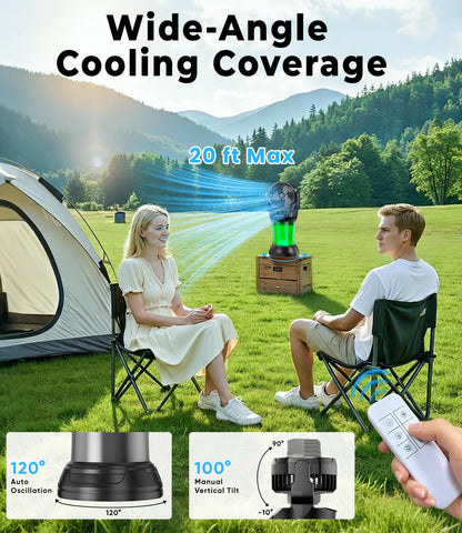 Misting Fan for Outside, 30,000mAh Rechargeable Mister Fan with Remote & RGB Lights, 2L Tank & 2 Extra Nozzles, 4 Speeds Mist Modes for Extreme Cooling Effect, Ideal for Camping, Patio, Backyard
