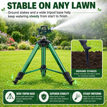 Sprinklers for Yard, Up to 50% Larger Watering Coverage, 2026 Heavy-Duty Impact Lawn Sprinkler on Spike Tripod Base with 360° Large Area Irrigation, Adjustable Extension Legs for Garden Lawn, Green