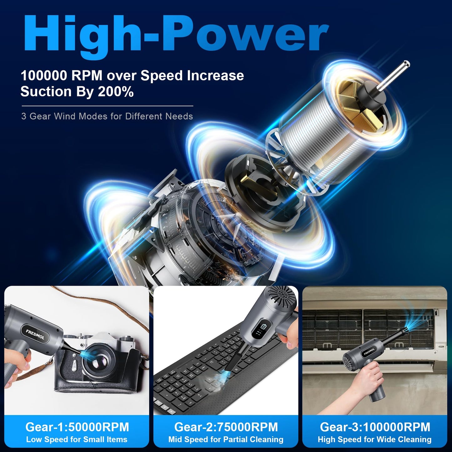 Compressed Air Duster-3 Gear Adjustable 100000RPM Electric Air Duster with LED Light, Rechargeable Cordless Air Blower for Keyboard Electric Devices Cleaning. Replaces Compressed Air Cans (Black)