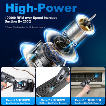 Compressed Air Duster-3 Gear Adjustable 100000RPM Electric Air Duster with LED Light, Rechargeable Cordless Air Blower for Keyboard Electric Devices Cleaning. Replaces Compressed Air Cans (Black)