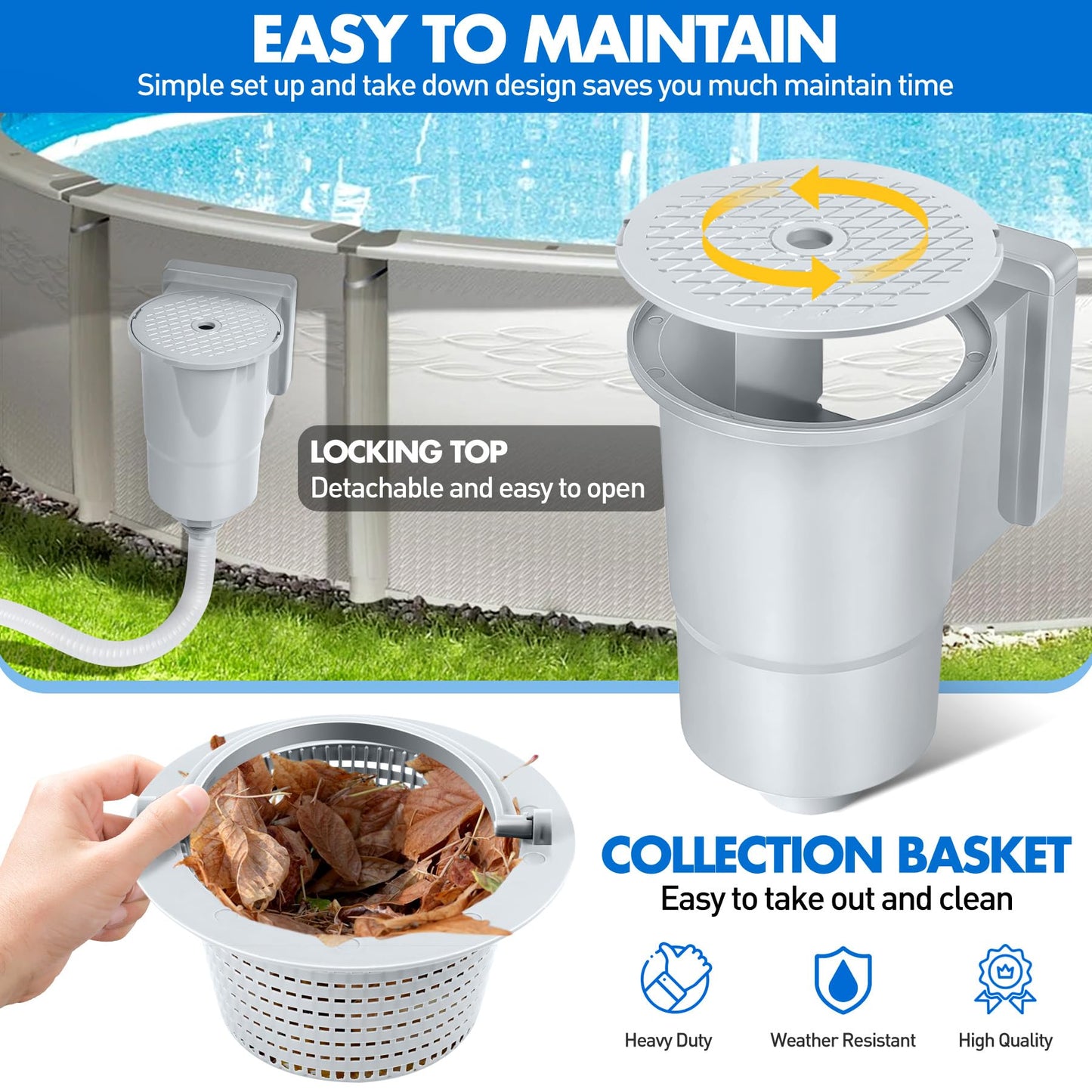 DeeprClean Upgrade Above Ground Pool Skimmer Comes with 3 Socks, Anti-tilt Wall Mount Surface Skimmer, Removable Skimmer Basket, Adjustable Height Bracket, Auto Skimming Pool Surface Leaves - Blue