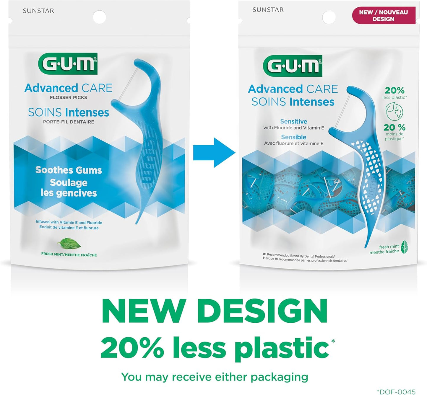 GUM Advanced Care Flosser Picks, angereichert mit Vitamin E & Fluorid, frischer Minzgeschmack, blau, 150 Flosser (1 Beutel)