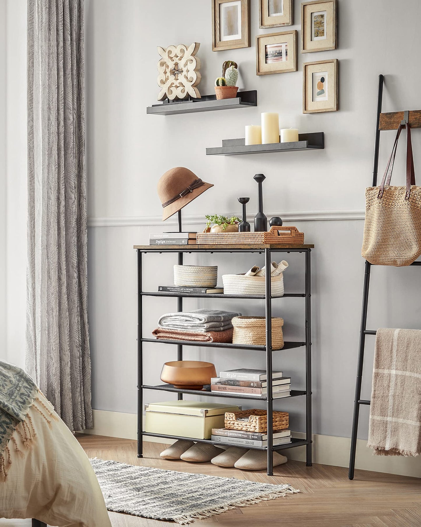 VASAGLE Shoe Rack, 4-Tier Shoe Storage Organizer for Entryway and Closet, Holds 9-12 Pairs of Shoes, 3 Fabric Shelves, Steel Frame, Industrial, Rustic Brown and Black ULBS035B01