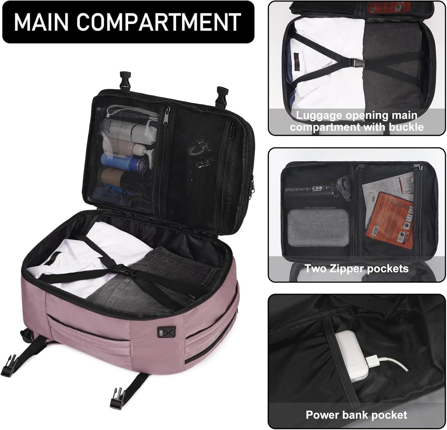 ECOHUB 16'' Reise-Rucksack Handgepäck Unterseat-Rucksack Persönlicher Gegenstand Flugzeug-Reisetasche mit 13 Taschen Handgepäck Flaschenhalter USB-Ladeanschluss Casual Daypack für Frauen Männer Schwarz