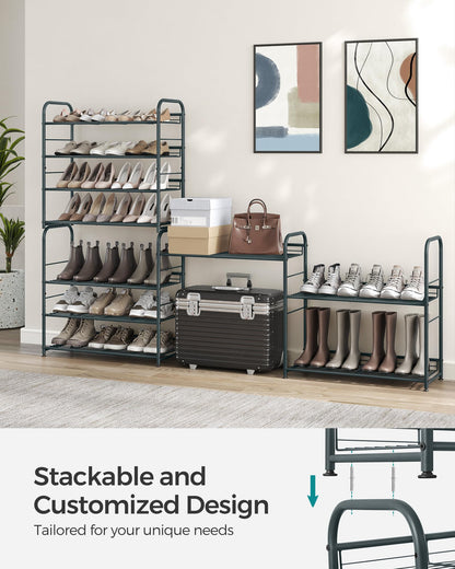 SONGMICS Stackable Shoe Rack, 4 Tier Metal Shoes Rack Storage Shelf, Holds up to 16 Pairs Shoes, Adjustable Slanted Shelves Tower Organizer for Closet Entryway Small Spaces, Bronze