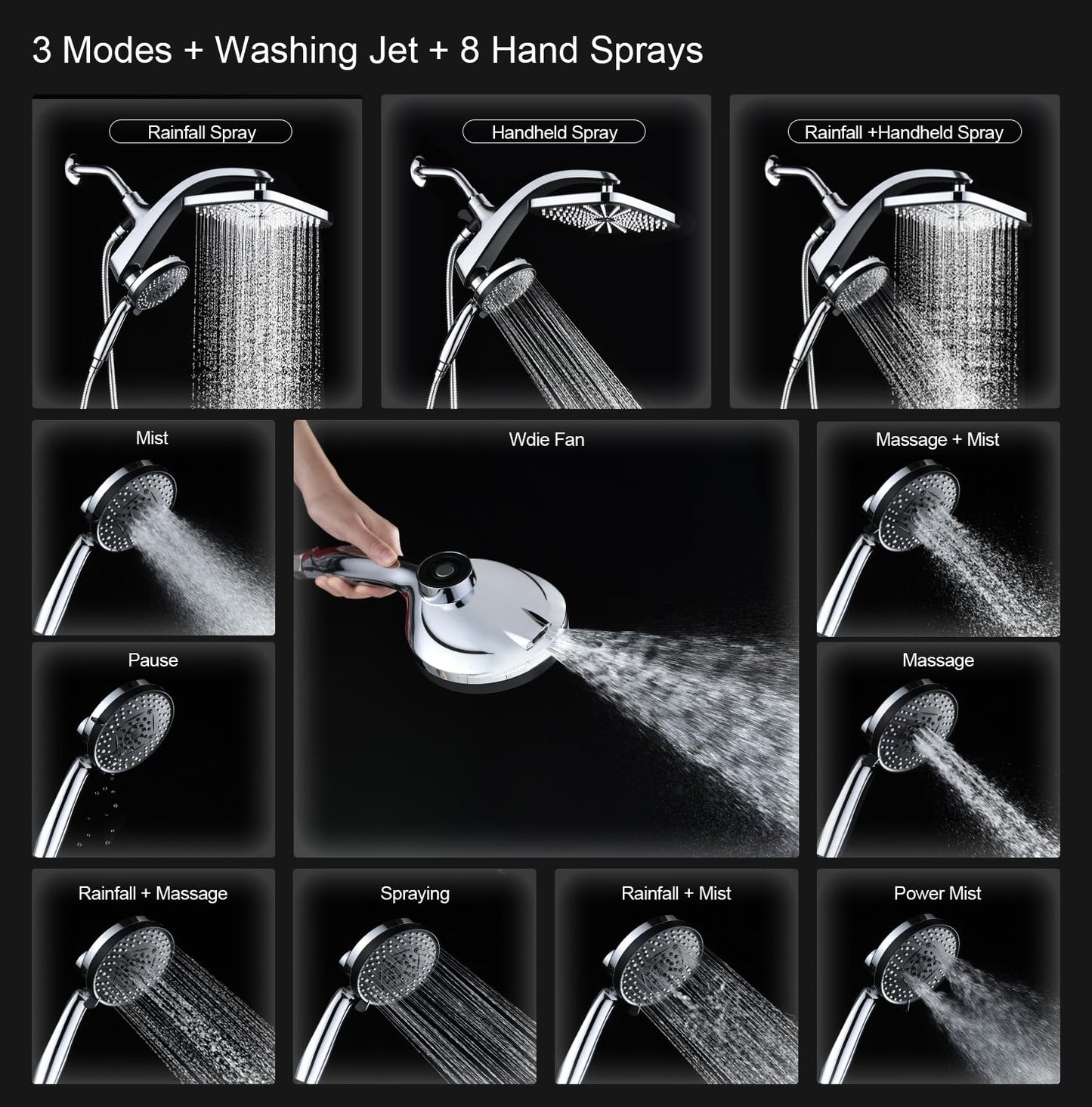 BOZYBO Rain Shower Head with Handheld: High Pressure Shower Heads with Handheld Spray Combo, 12" Rainfall Shower Head and 9 Sprays Hand Showerheads with Magnetic Docking and Power Jets, Chrome