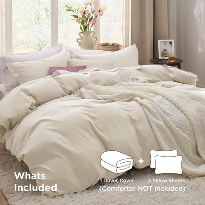 Funda nórdica blanca Bedsure, tamaño Queen, 3 piezas, aspecto de algodón prelavado, juego de cama extrasuave, incluye 1 funda nórdica de 228 x 228 cm con cierre de cremallera y 2 fundas de almohada, edredón no incluido