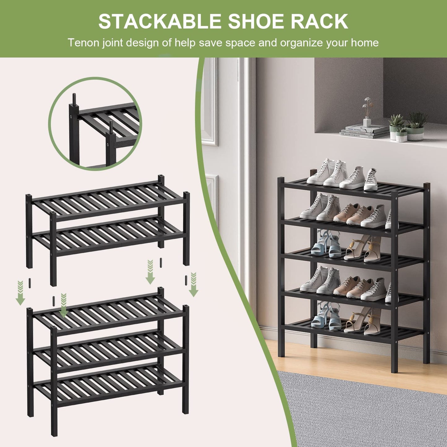 ROMGUAR CRAFT 3 Tier Bamboo Shoe Rack for Closet Free Standing Wood Shoe Shelf Storage Organizer for Entryway Small Space Stackable 27"x11"x20" (Natural)