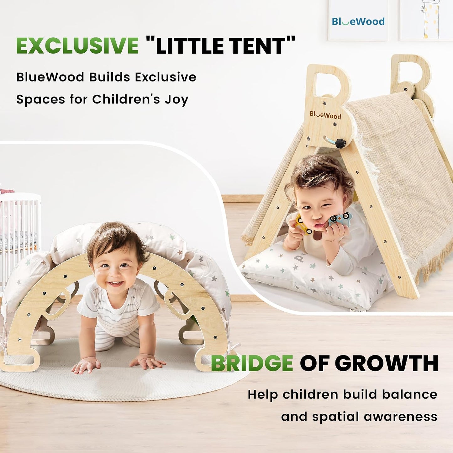 BlueWood Pikler Triangle Set with Cushion, 8-in-1 Climbing Toys for Toddlers, Montessori Philosophy Play Jungle Gym with Arch, Ramp, Ladder(Natural Wood)