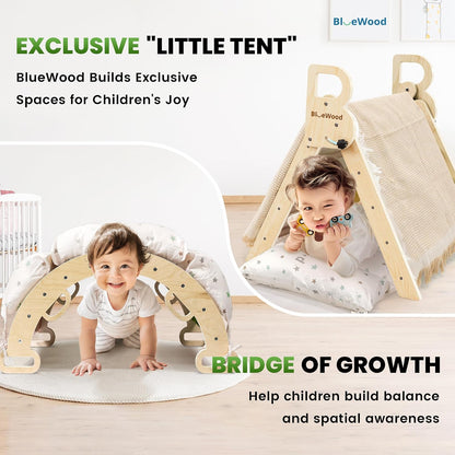 BlueWood Pikler Triangle Set with Cushion, 8-in-1 Climbing Toys for Toddlers, Montessori Philosophy Play Jungle Gym with Arch, Ramp, Ladder(Natural Wood)
