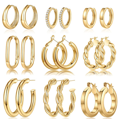 Yesteel 9 Pairs Gold Hoop Earrings for Women, 14K Real Gold Plated Chunky Hoop Earrings Set for Women Hypoallergenic Thick Lightweight Earring for Womens Jewelry Gifts