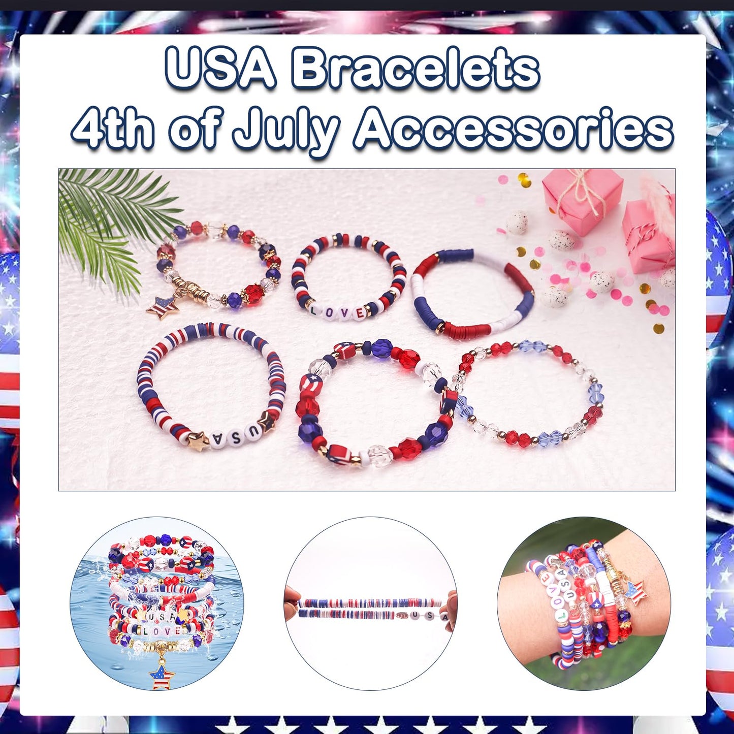 250 Anniversary USA Merchandise 4th of July Outfits for Women Men Teens Red White Blue Clay Beaded Stretch Bracelets USA Patriotic Jewelry 4th of July Accessories