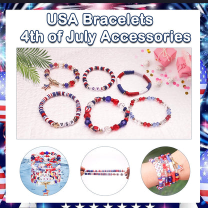 250 Anniversary USA Merchandise 4th of July Outfits for Women Men Teens Red White Blue Clay Beaded Stretch Bracelets USA Patriotic Jewelry 4th of July Accessories