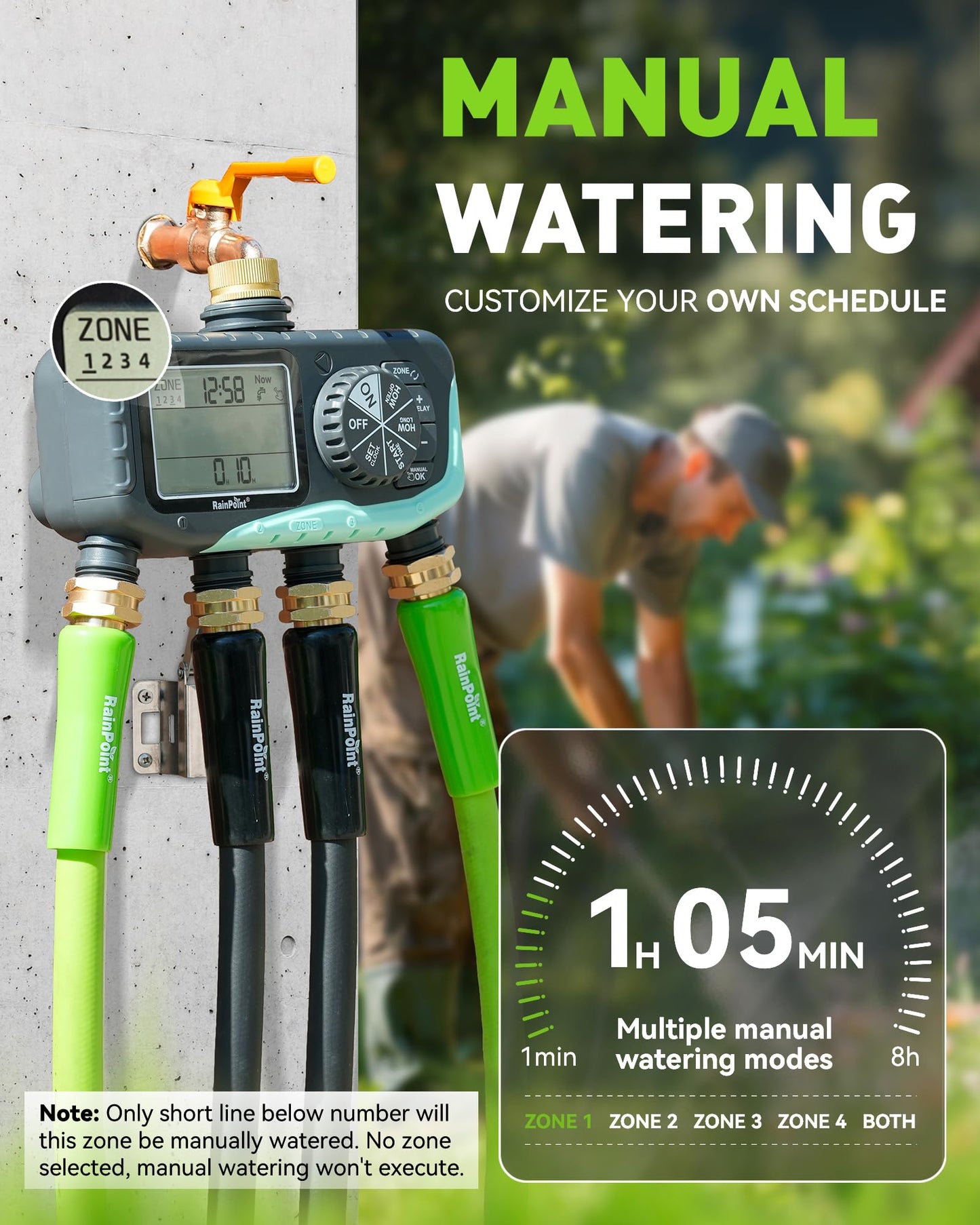 RAINPOINT 4-Zone Sprinkler Timer, 2027 New Version 4 Outlets Hose Water Timer, Automatic Irrigation Controller with Rain Delay & Manual Mode for Lawn & Garden Irrigation
