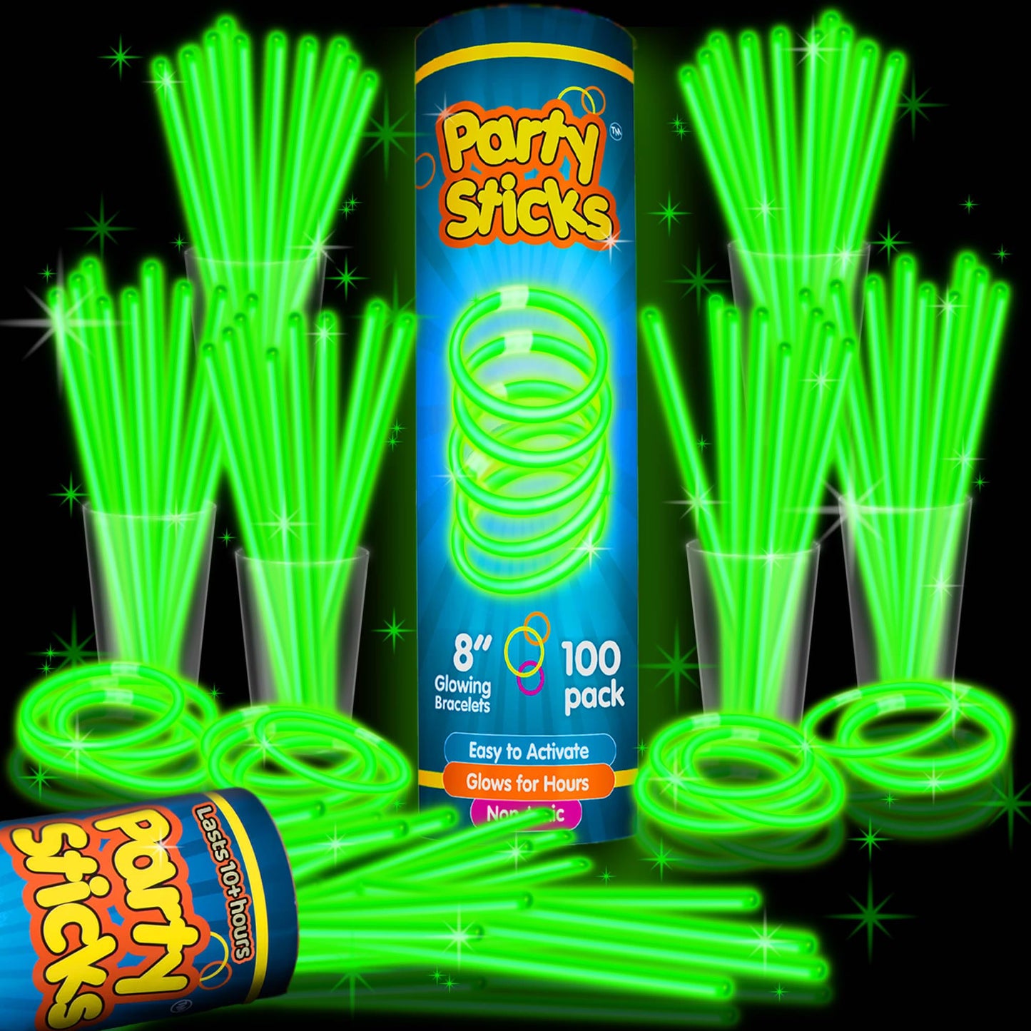 PartySticks Glow Sticks Party Supplies 100pk - 8 Inch Glow in the Dark Light Up Sticks Party Favors, Glow Party Decorations, Neon Party Glow Necklaces and Glow Bracelets with Connectors