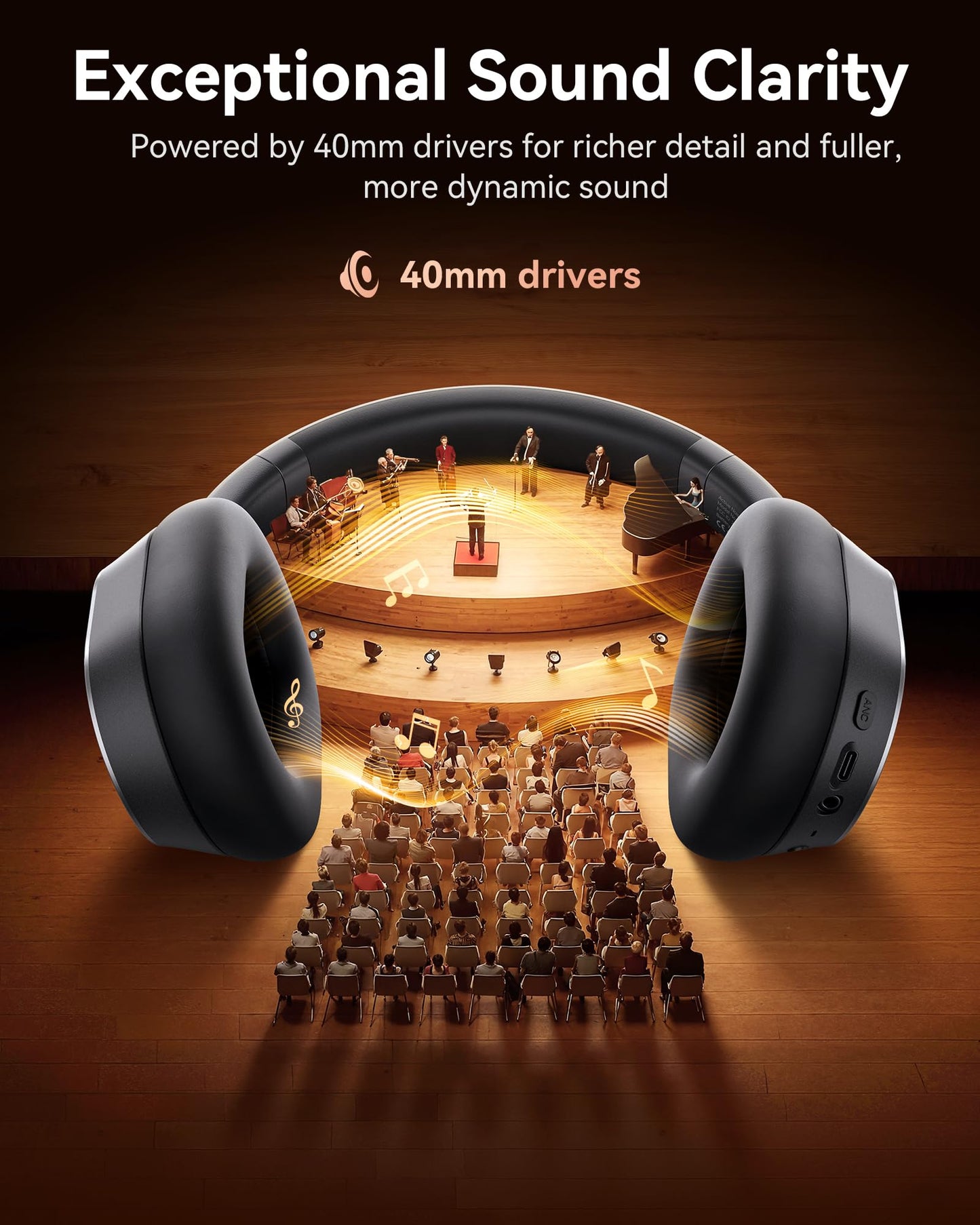 Hybrid Active Noise Cancelling Headphones, 120H Playtime Bluetooth Over Ear Headphones, Bluetooth 6.0 Wireless Headset with Display, 6 ENC Mic, Hi-Res Audio, Transparency Mode for Travel Game Black