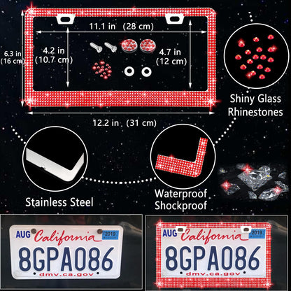 NBTEPEM 27-Piece Bling Car Accessories Set - Universal Fit Steering Wheel Covers, License Plate Frames, Phone Holder, Car Fast Charger, Coasters (Pink)