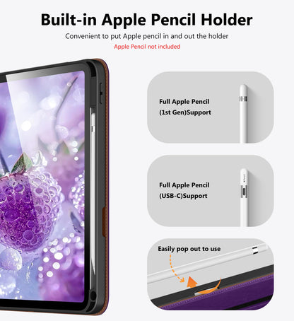 DTTO for iPad A16 Case, iPad 11th / 10th Generation Case (2025/2022), 360 Degree Rotating Premium Leather Folio Stand Cover with Pencil Holder, Brown