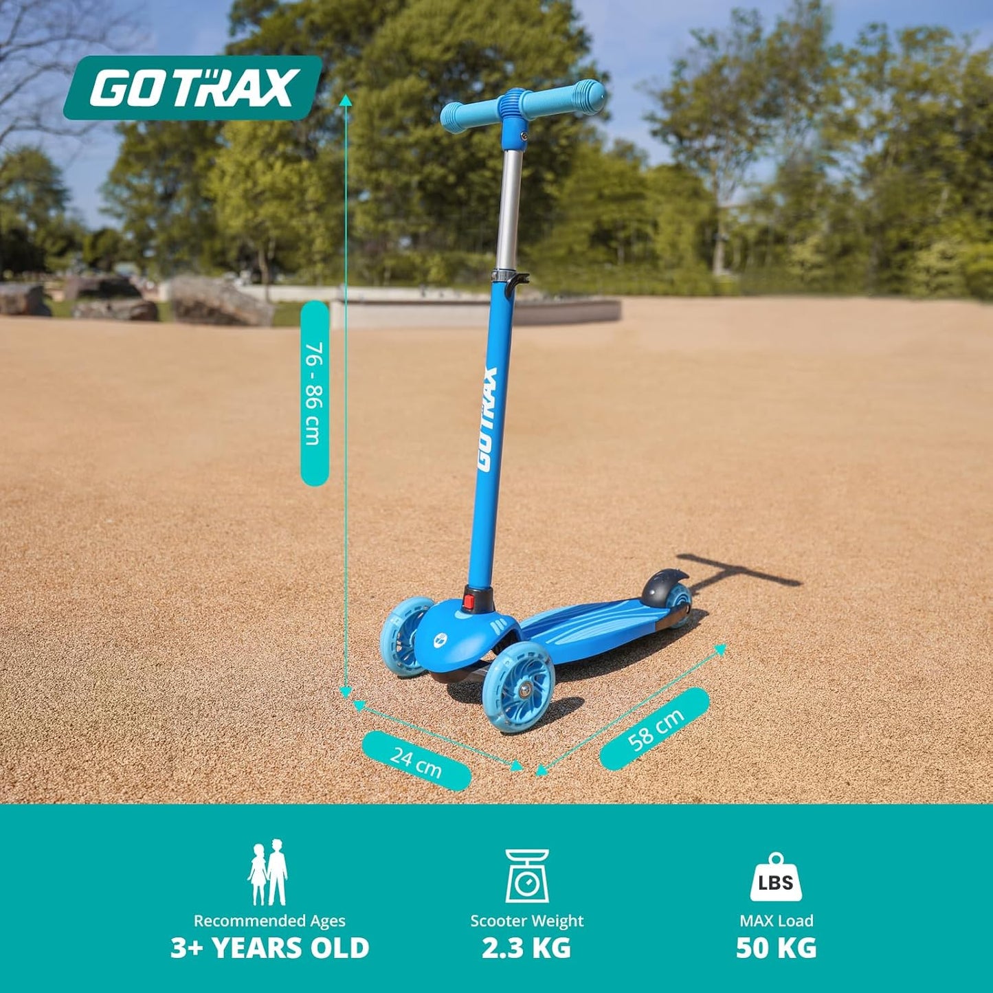 Gotrax KS1 Kinder-Roller, LED-Räder und 3-fach verstellbare Lenkerhöhe, Lean-to-Steer & breites Anti-Rutsch-Deck, 3-Rad-Roller für Jungen und Mädchen ab 3 Jahren und bis 45 kg