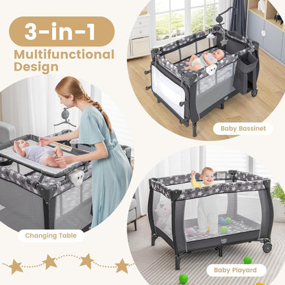 Costzon 3 in 1 Pack and Play with Bassinet, Portable Baby Playard with Changing Table, Music Box, Hangings, Wheels/Brake, Basket, Foldable Infant Bassinet Crib for Baby Toddlers Indoor Outdoor