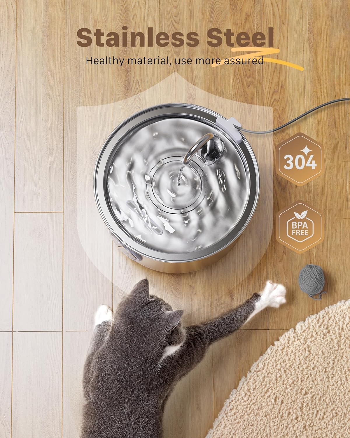 Katzen-Trinkbrunnen aus Edelstahl: Katzenbrunnen - 2,2L/74oz Wasserbrunnen für Katzen - Trinkbrunnen für Katzen - Automatischer Haustierwasserspender - Hundenapf - für Haustiere & Kleintiere