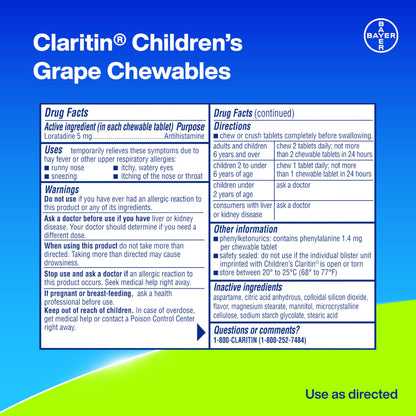 Claritin Children's Allergy Medicine, 24-Hour Non-Drowsy Loratadine 5mg Chewable Tablet, Antihistamine for Kids Ages 2 Years and Older, Grape Flavored, 40 Tablets, (Pack of 2)