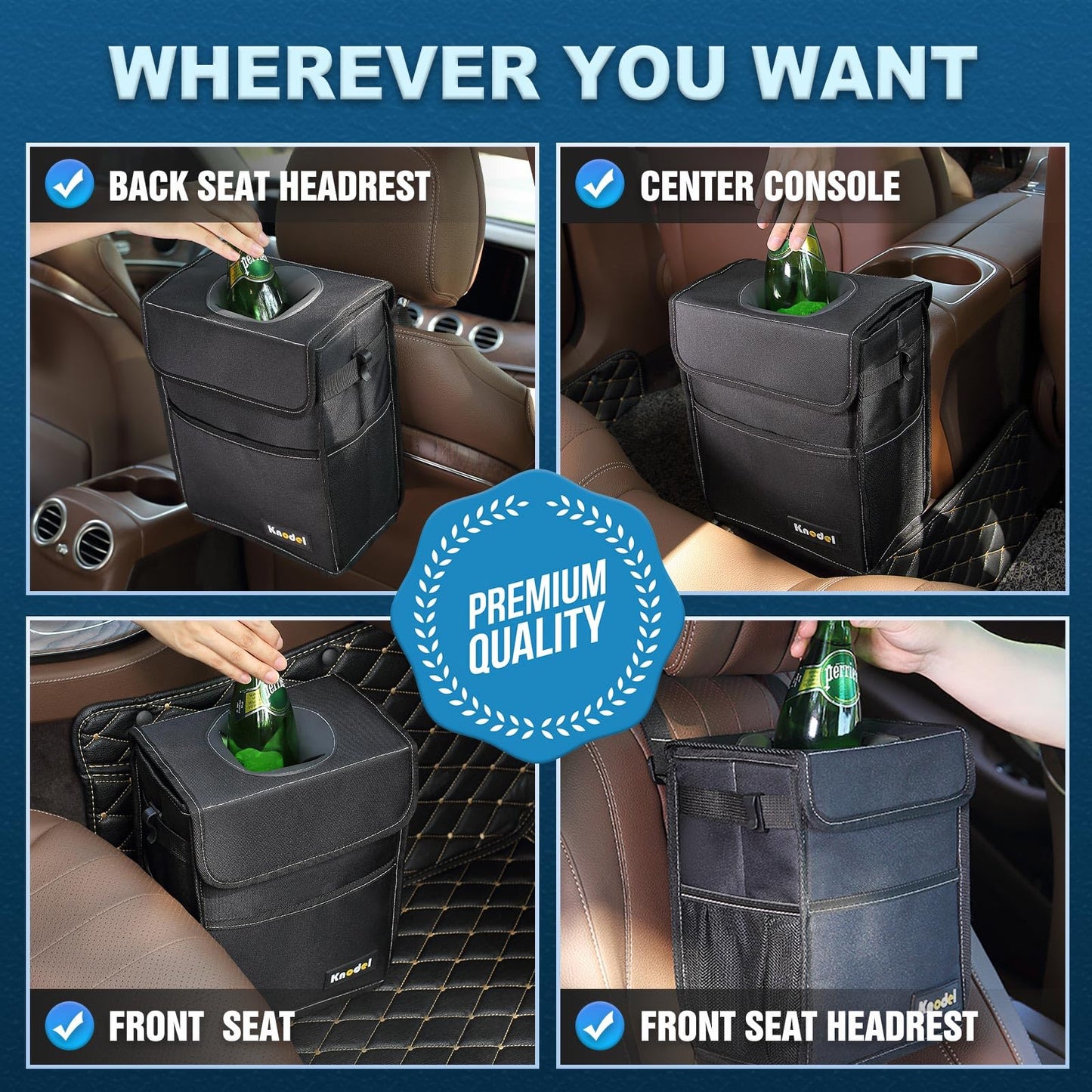 K KNODEL Car Trash Can, Waterproof Auto Garbage Can, Car Trash Can with Lid, Leak-Proof Car Storage Bag, Car Bin Hanging (Medium, Black)