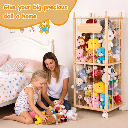 TANONE Stuffed Animal Storage - Wooden Large Organizer Holder for Playroom - Plush Zoo Animals Holder with Elastic Cords & Brake Wheel for Toddler Bedroom Toy Stuff Organization