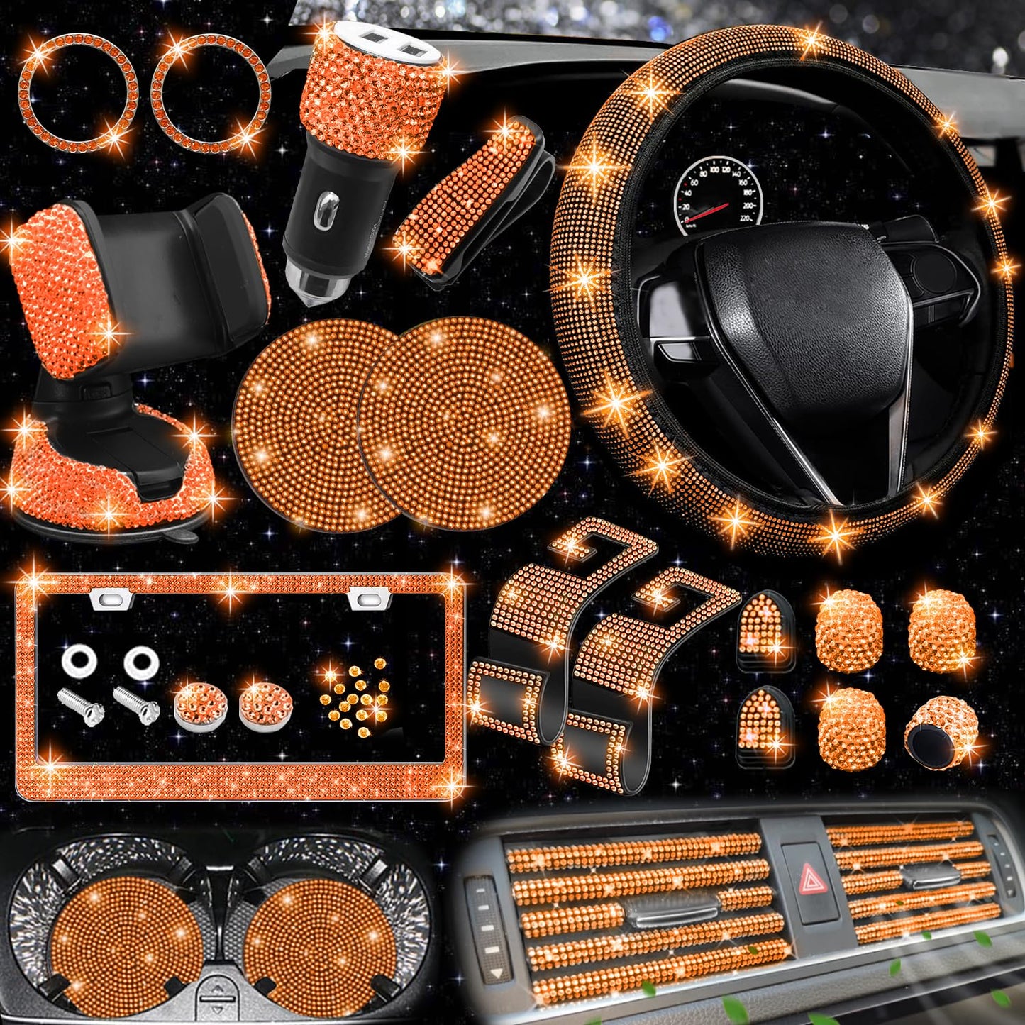 NBTEPEM 27-Piece Bling Car Accessories Set - Universal Fit Steering Wheel Covers, License Plate Frames, Phone Holder, Car Fast Charger, Coasters (Pink)