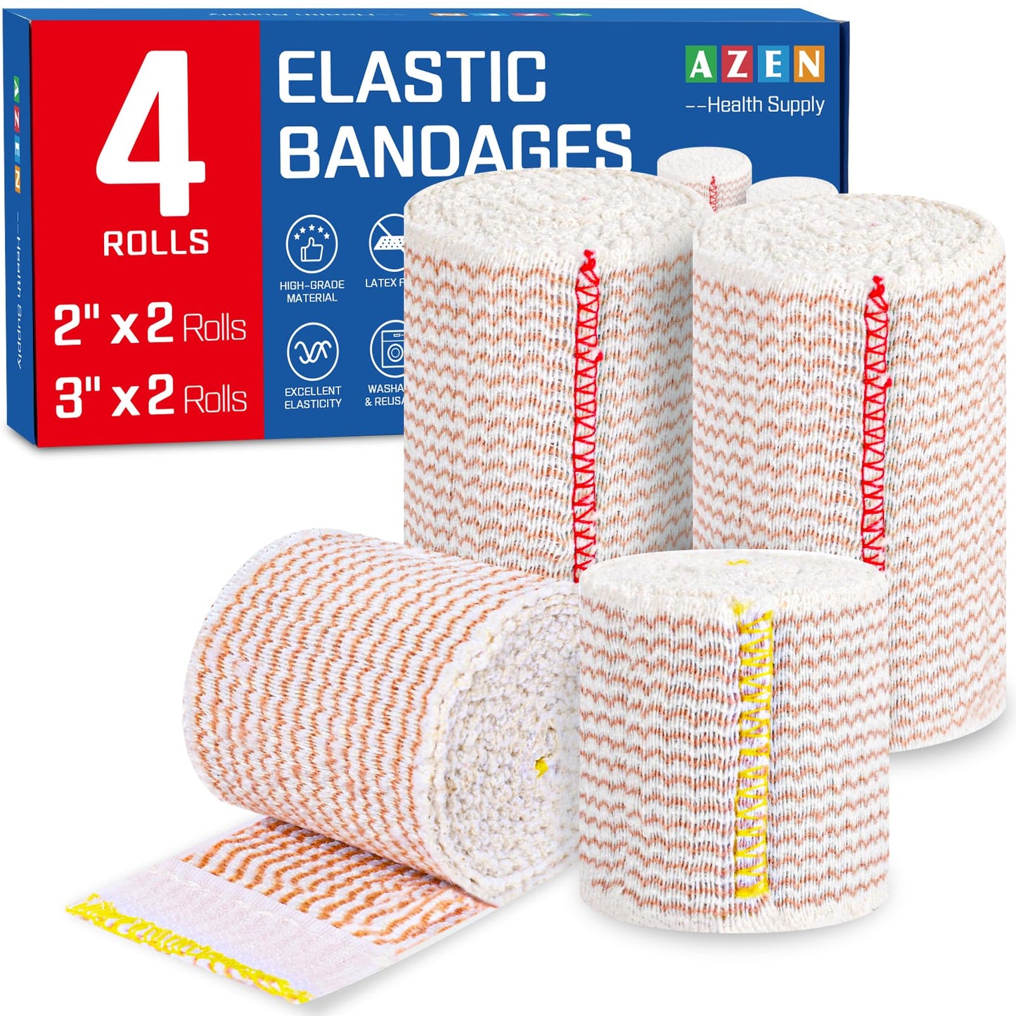 AZEN Premium 8 Pack Elastic Bandage Wrap (2x2", 2x3", 2x4", 2x6"), Compression Wrap Bandage for Legs, Ankle, Knee, Tummy, Body, Latex-Free, Lymphedema Wraps for Legs
