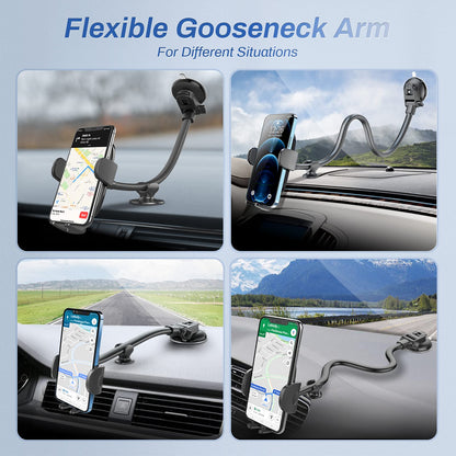 OQTIQ 13" Schwanenhals-Handyhalterung für Autos – Windschutzscheiben- und Armaturenbretthalterung mit starkem Saugnapf, Anti-Shake-Stabilisator, Ein-Knopf-Freigabe – Kompatibel mit iPhone 17/16/15/14 und allen Smartphones