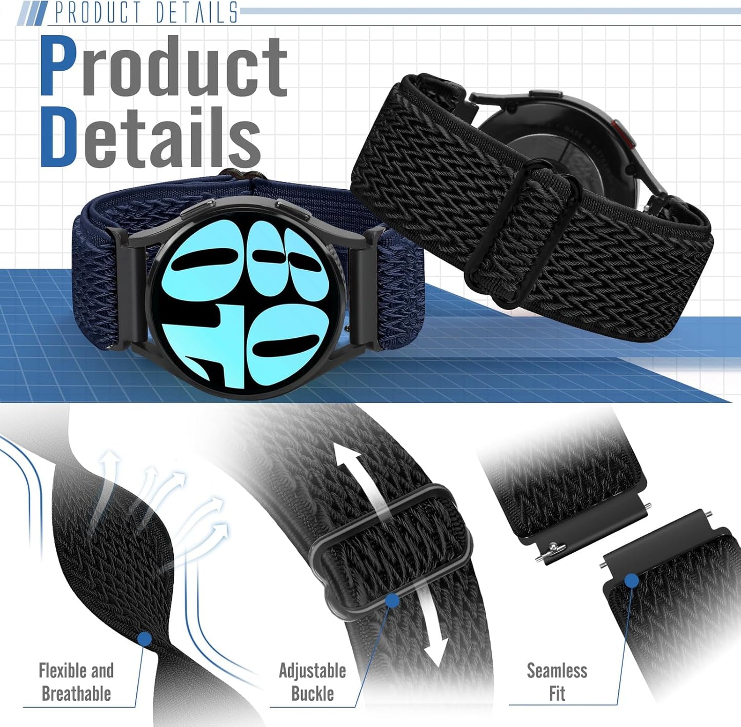 Runostrich Schnellverschluss-Nylon-Uhrenarmband - Breitenwahl - 18mm, 19mm, 20mm, 22mm, 24mm elastische Uhrenarmbänder verstellbares dehnbares Solo Loop Sport Nylon Ersatzarmband für Damen Herren, 3 Stück