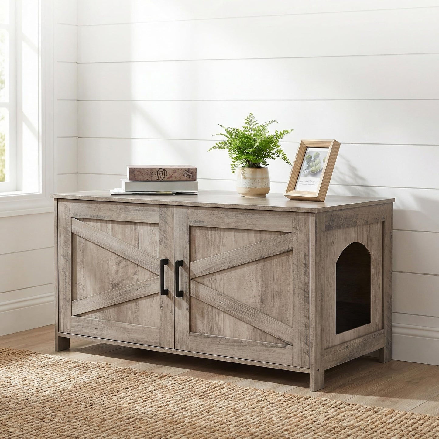 Homhedy Cat Litter Box Enclosure, Wooden Cat Washroom Furniture with Barn Door, Pet House, Fit Most of Litter Box, White
