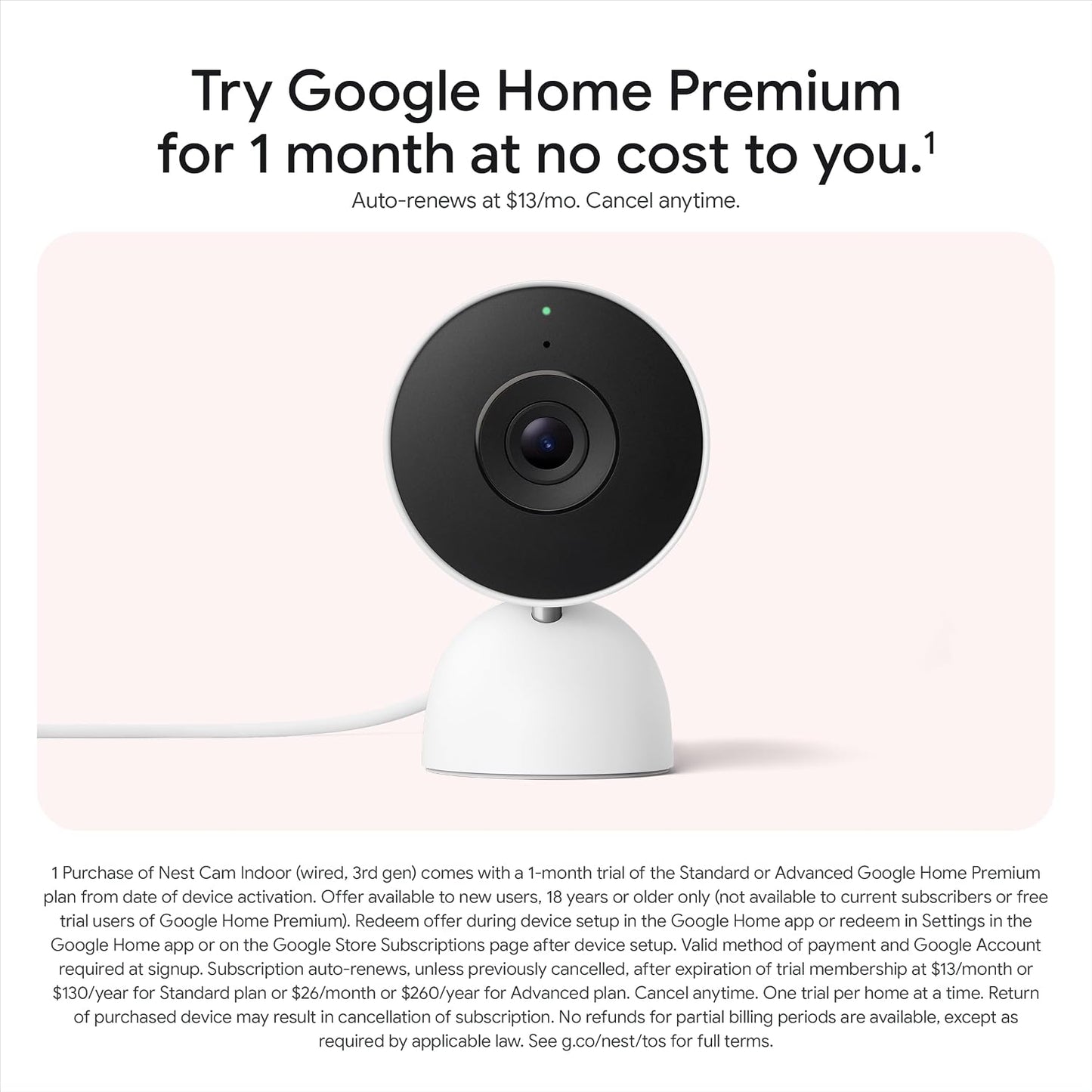 Google Nest Cam Indoor (Wired, 3rd gen) - 2K Video and Gemini